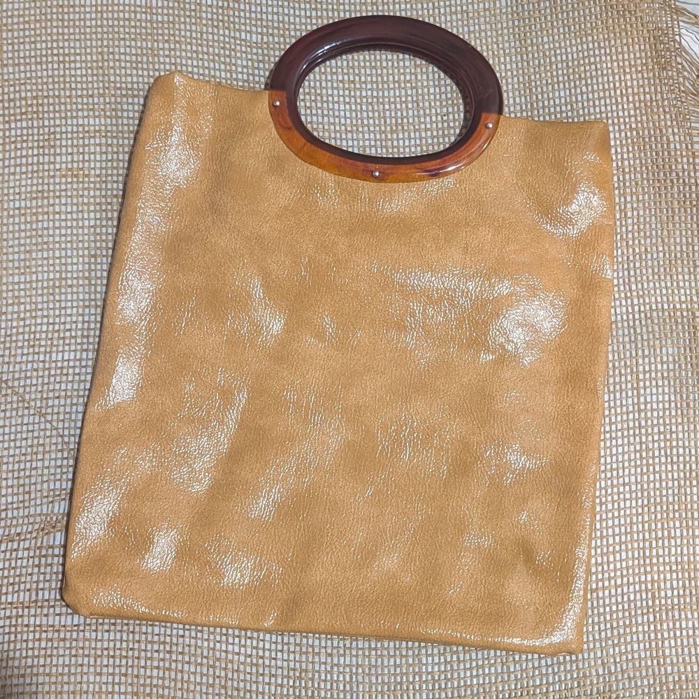Vintage 70s Tan Faux Leather Tote with Tortoise Acrylic Handle